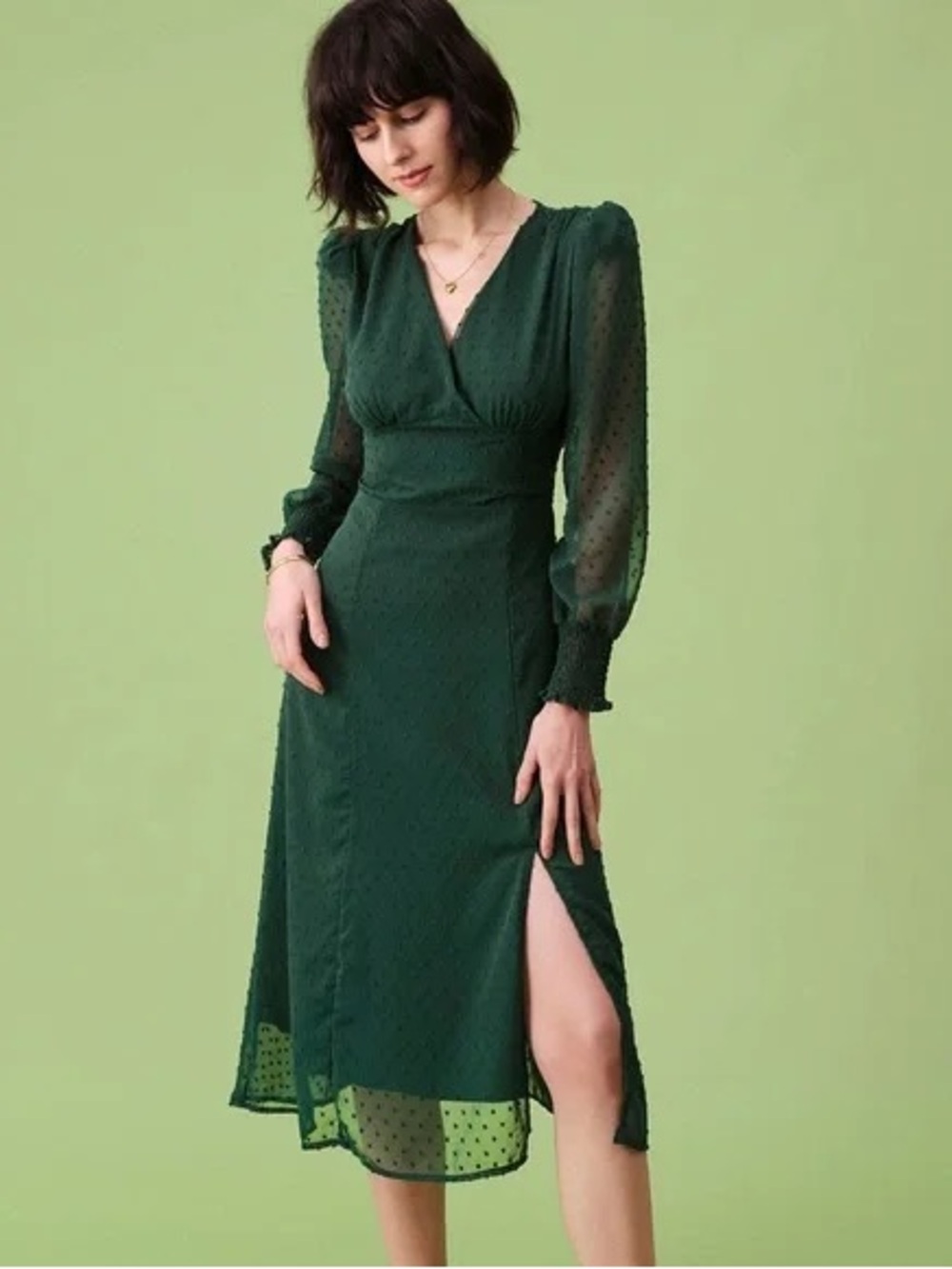 RIHOAS Emerald Green Sheer Sleeve Wrap Midi Dress